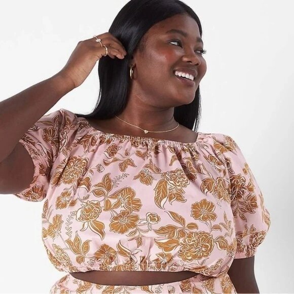 Lane Bryant Classic Crop Square-Neck Puff-Sleeve Top Pink Floral Top Boho 18/20 - Picture 1 of 11